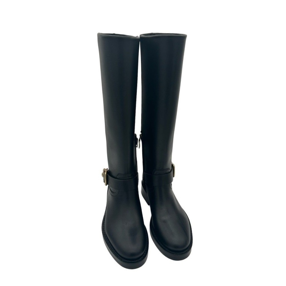 New Coach CW978 Knee High Boots Women's Size 5 B Black Leather Buckle Zip - Picture 1 of 7